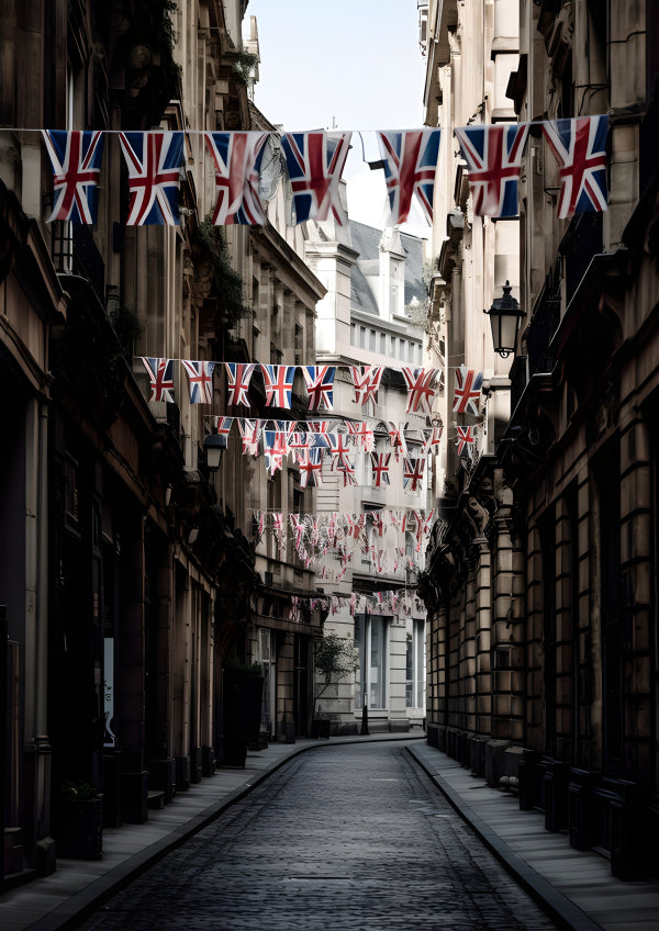 Vinyl Decal, Charming British Street Decorated with Union Jack Bunting Flags (5" x 7")