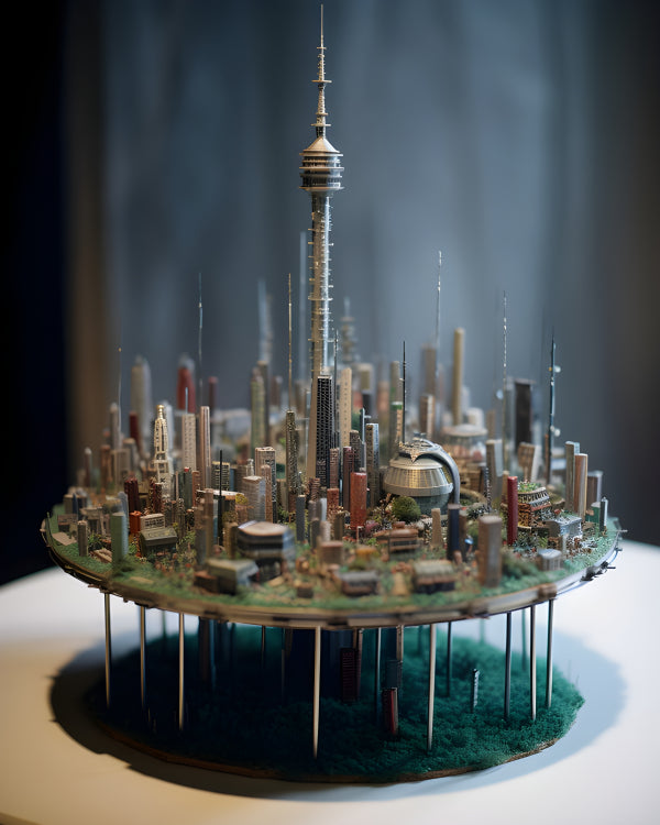 Vinyl Decal, Unique Futuristic City Diorama Miniature Model with Circuit Board Base (5" x 7")