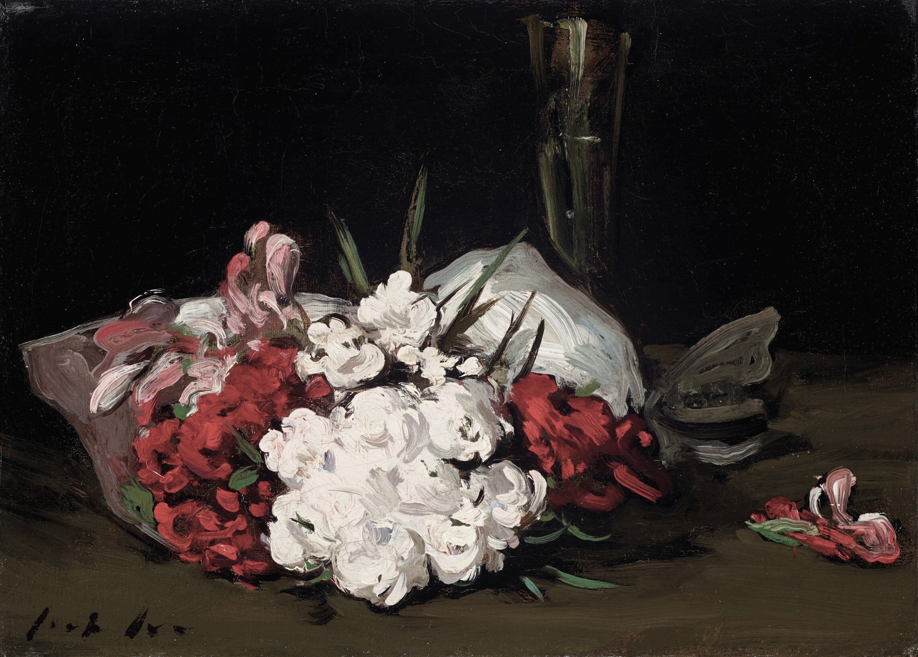Vinyl Decal, Vibrant Still Life Print Featuring Red and White Flowers with a Glass of Champagne (5" 