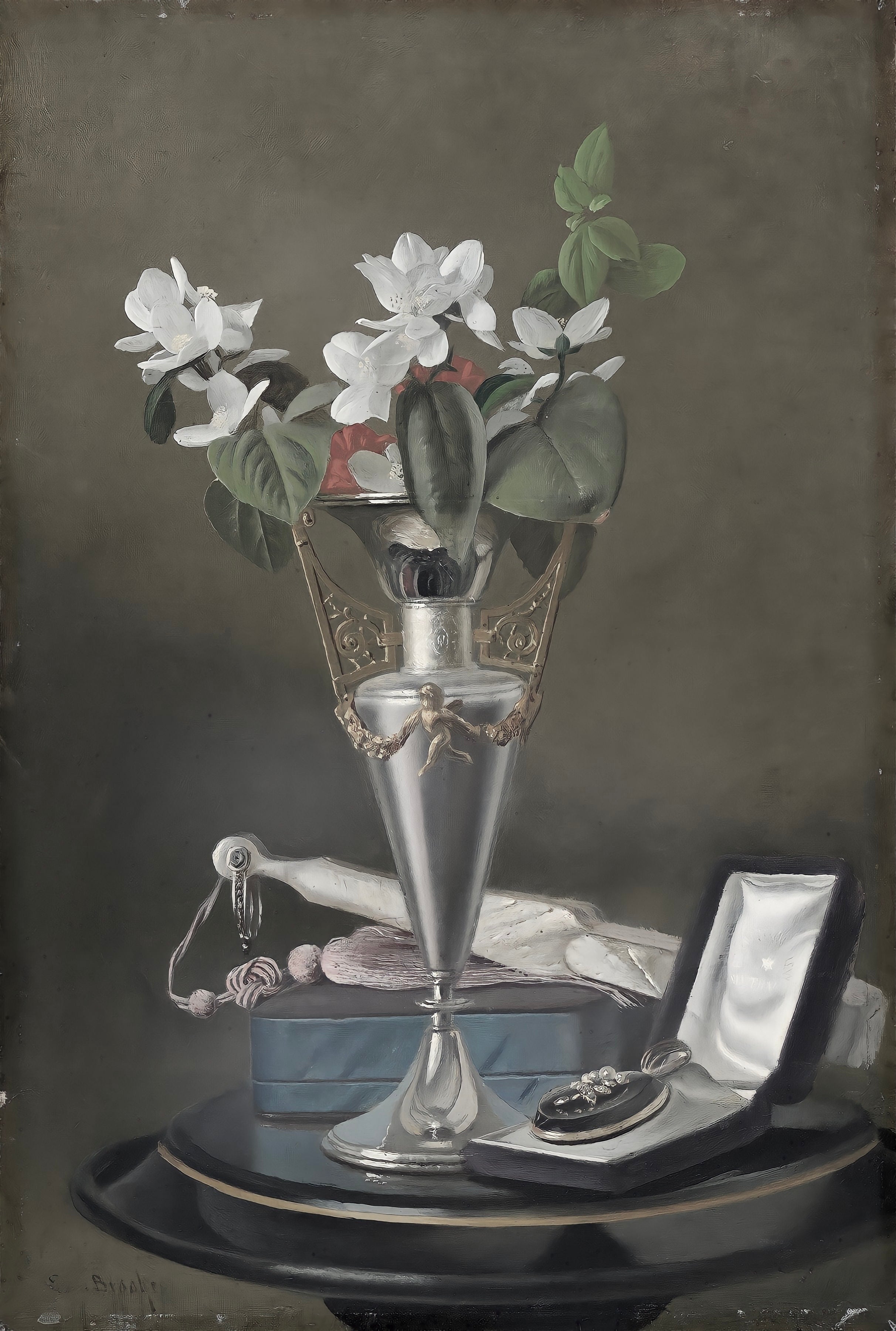 Vinyl Decal, Floral Still Life Wall Art Poster, Elegant White Flowers in Silver Vase Artwork Print, 