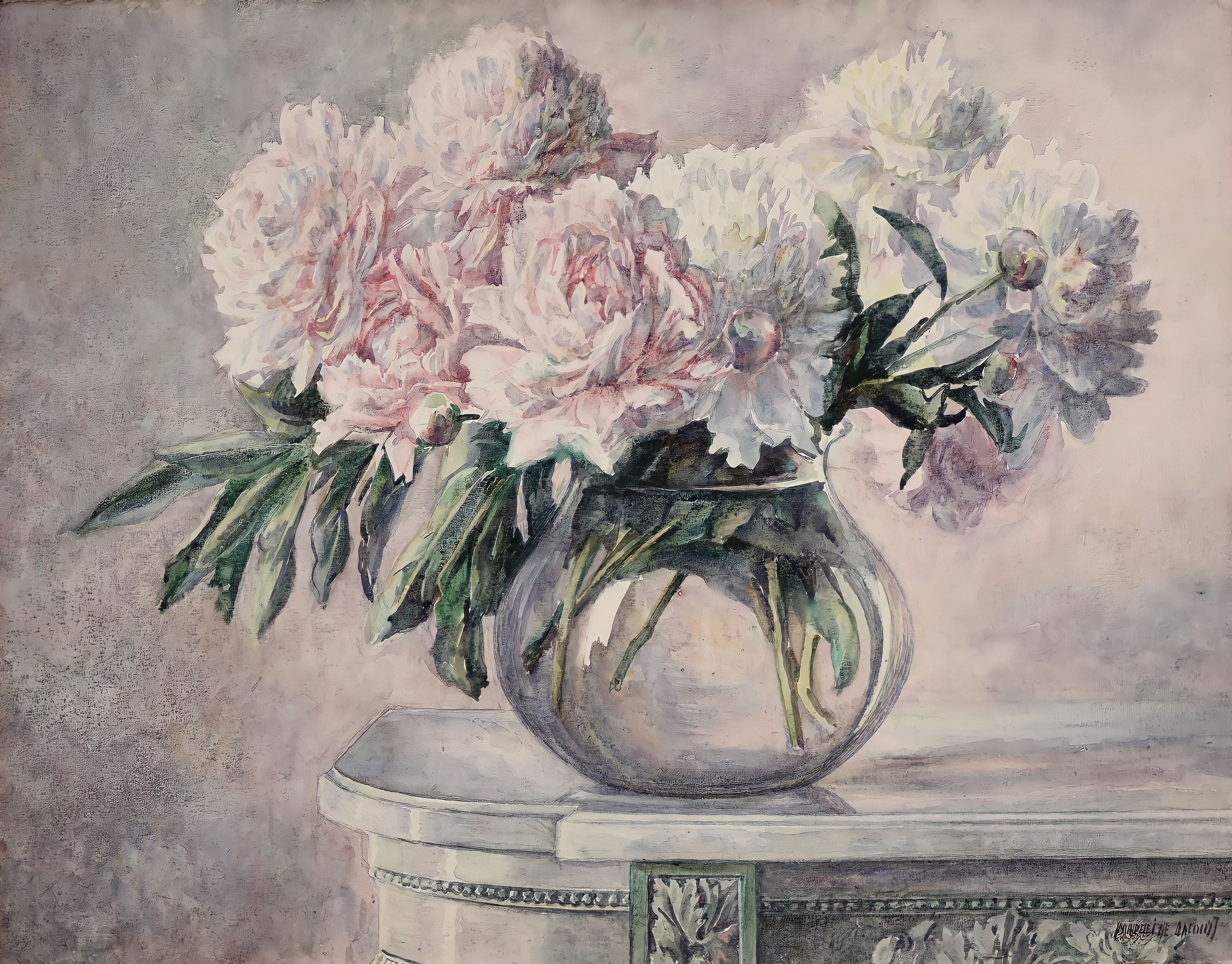 Vinyl Decal, Pink White Peony Flower Bouquet in Glass Vase Watercolor Art Print Floral Home Decor Wa