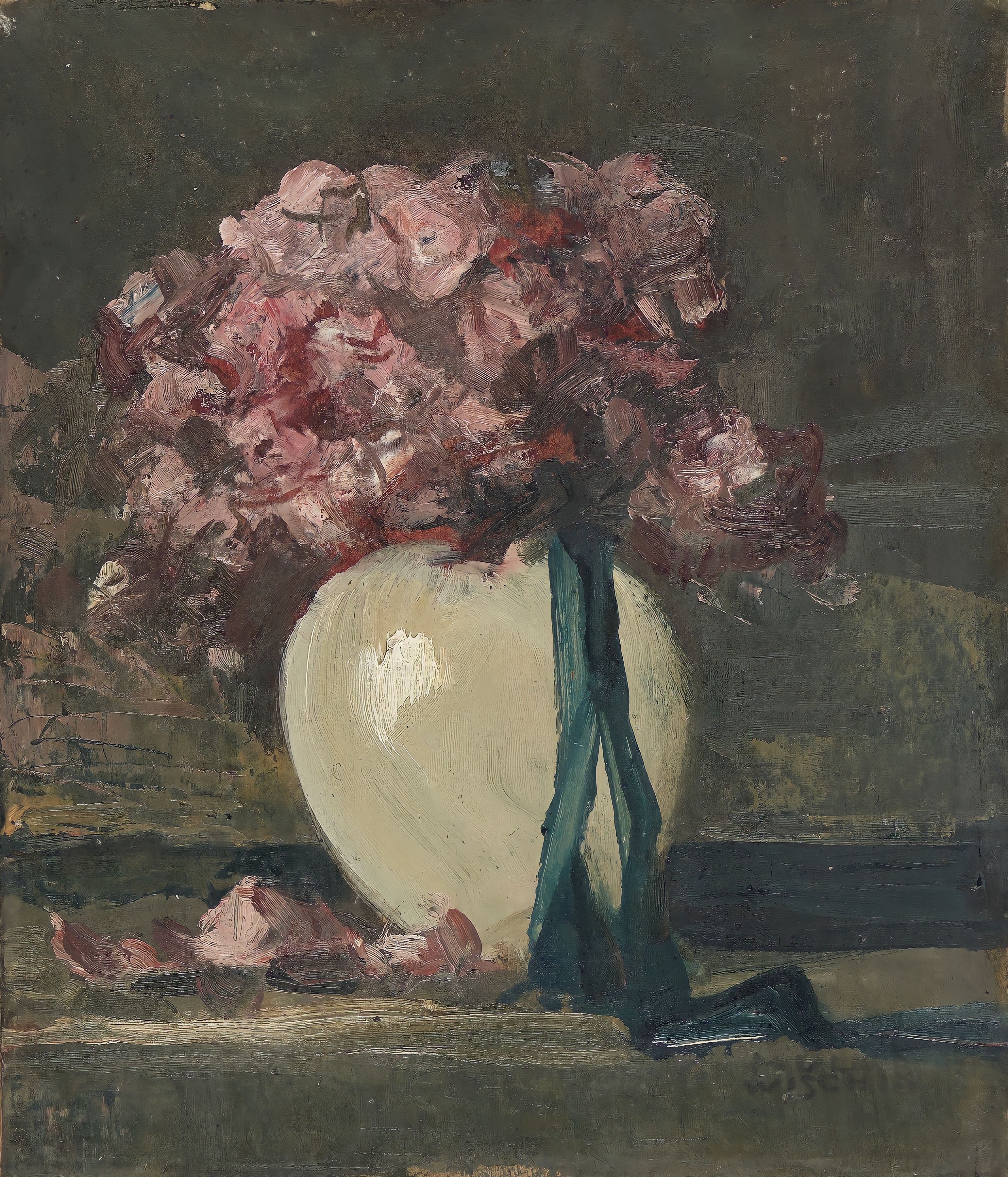 Vinyl Decal, Moody Pink Floral Still Life Oil Painting Vintage Vase Wall Art Dark Academia Aesthetic