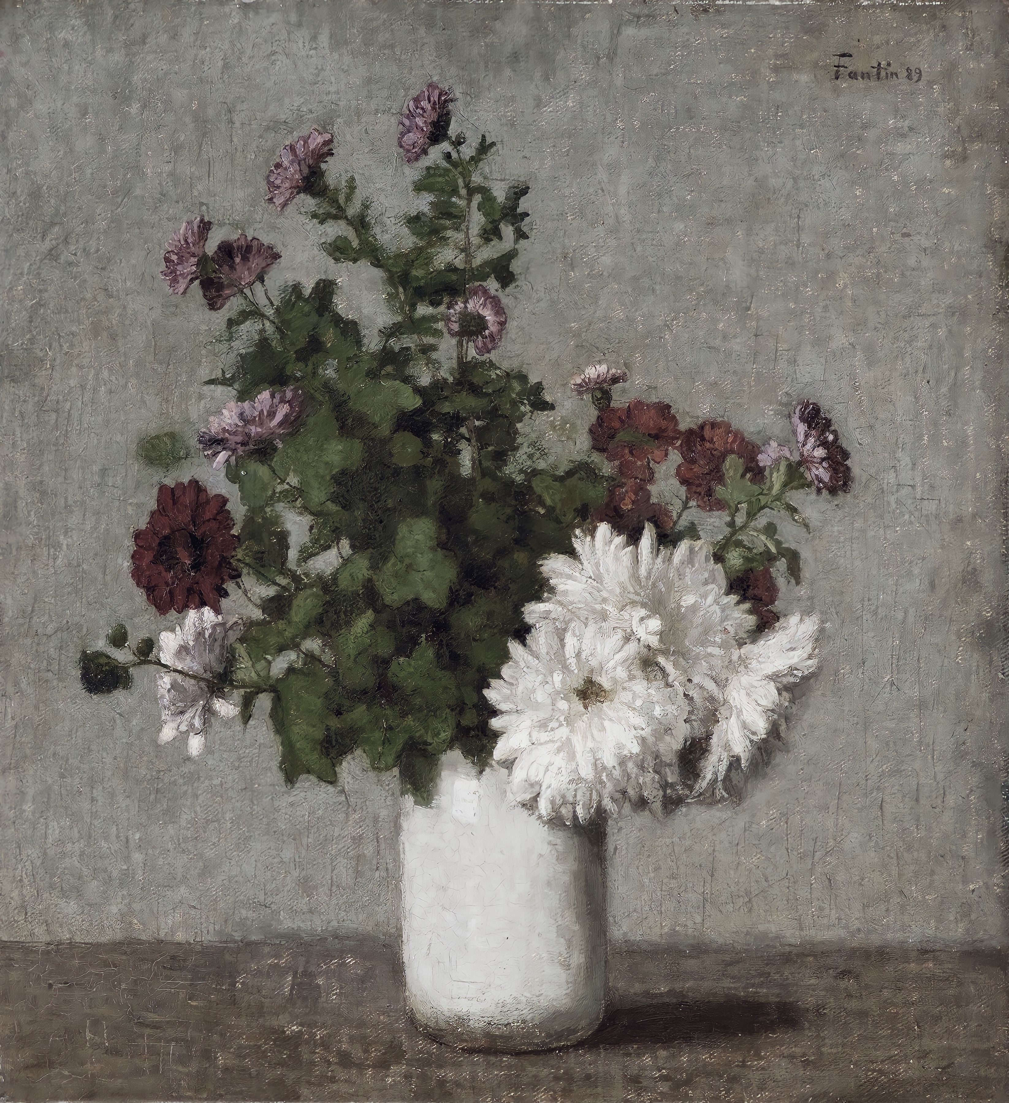Vinyl Decal, Floral Still Life Wall Art Poster, Autumn Chrysanthemums Flower Bouquet in White Vase, 