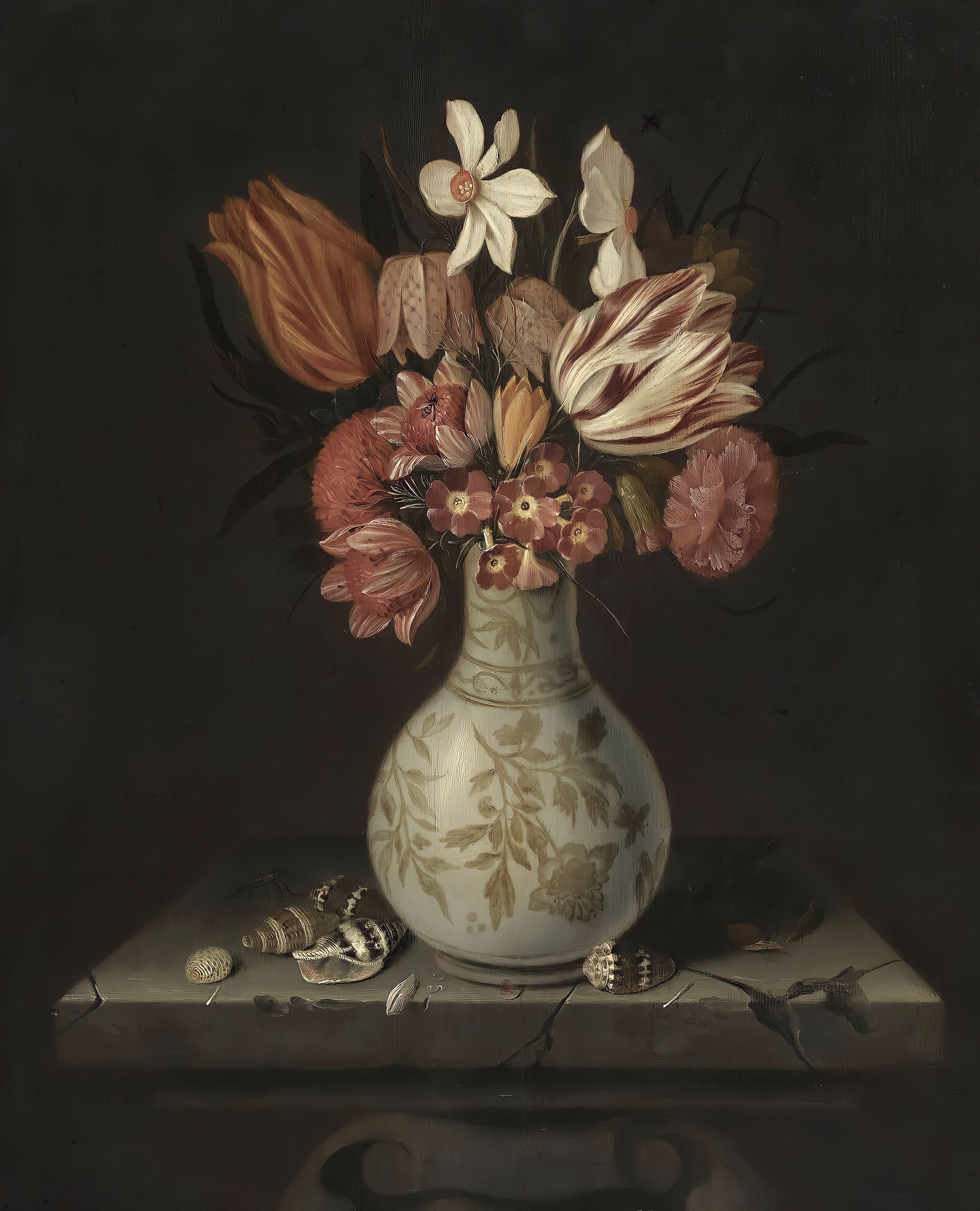Vinyl Decal, Floral Still Life Art Print for Wall Decor, Flowers in Vase on Stone Ledge with Shells,