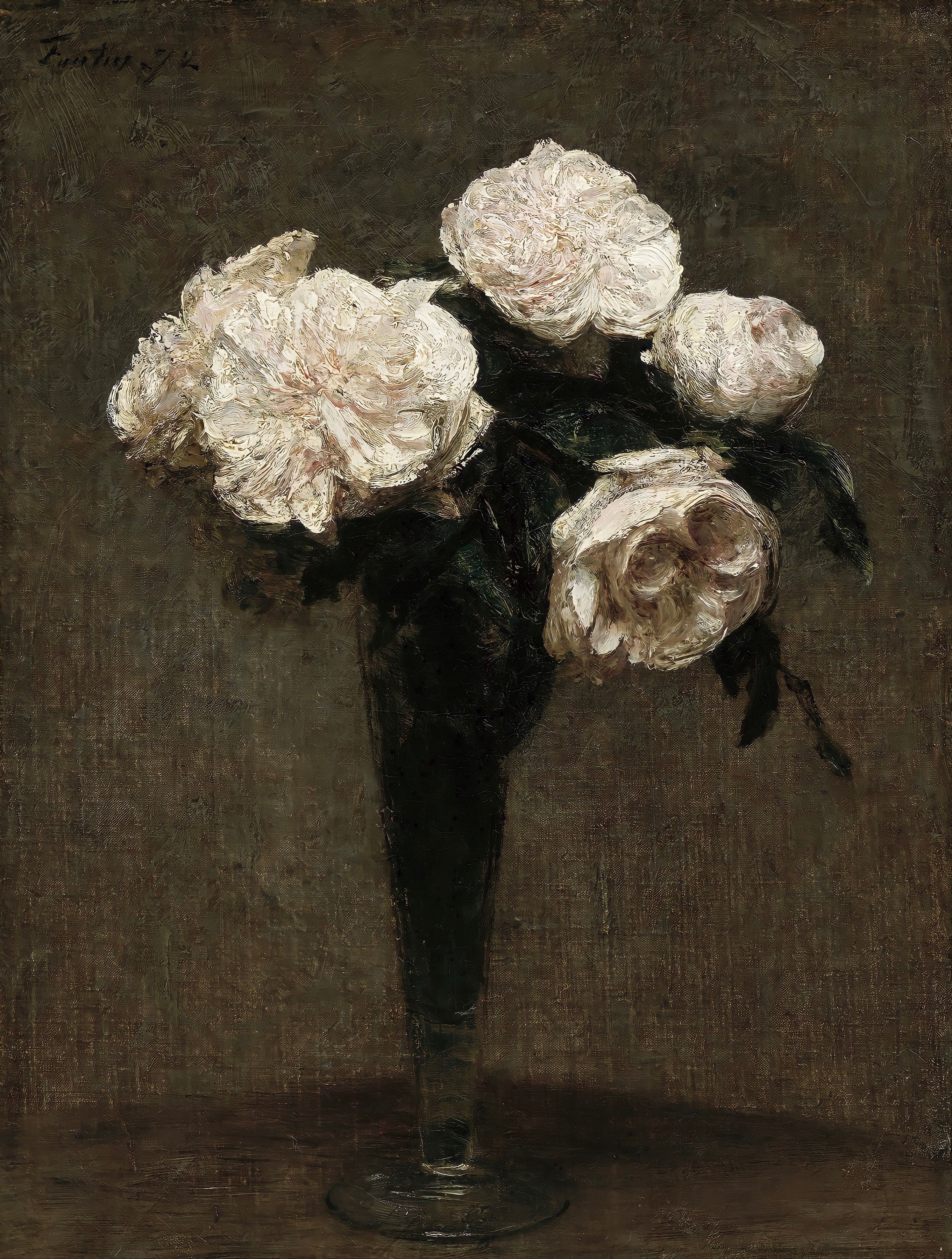 Vinyl Decal, Floral Canvas Wall Art White Roses Still Life Painting Print Home Decor (5" x 7")