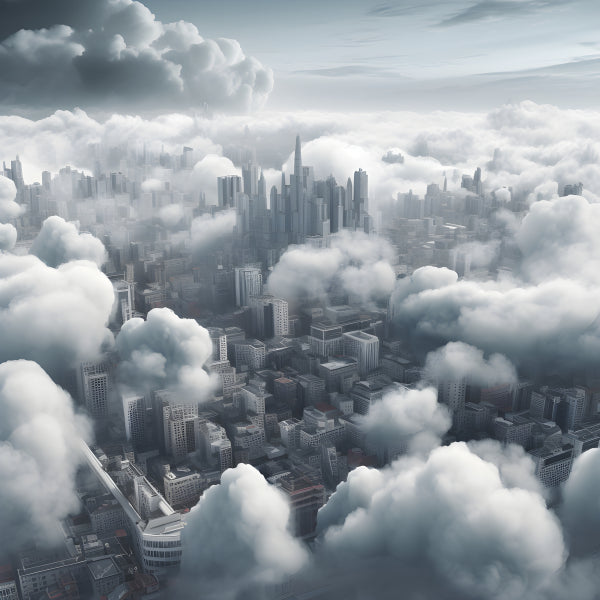 Vinyl Decal, Aerial View of a Modern Metropolis Shrouded in Dramatic Volumetric Clouds and Fog (5" x