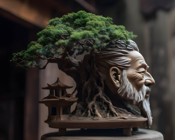 Vinyl Decal, Unique Hand-Carved Resin Old Man Bonsai Tree Sculpture with Pagoda Base (5" x 7")
