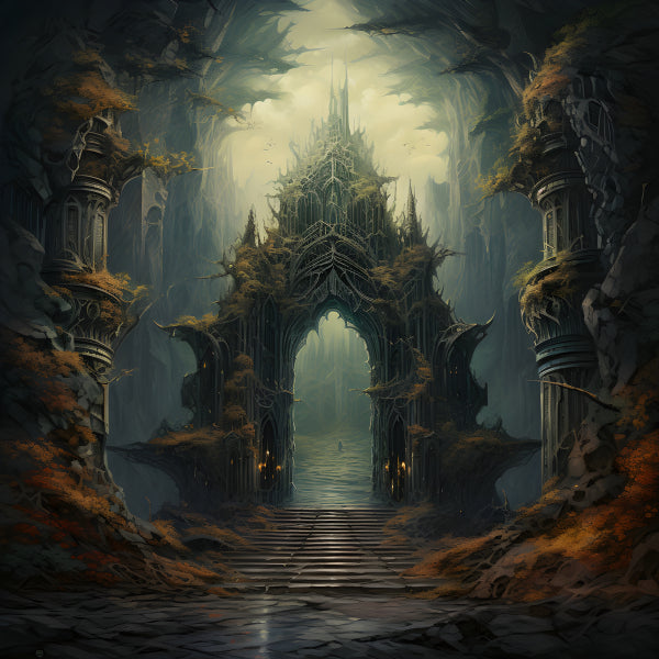 Vinyl Decal, Mysterious Ancient Ruins Archway in an Eerie Fantasy Forest Digital Art Print (5" x 7")