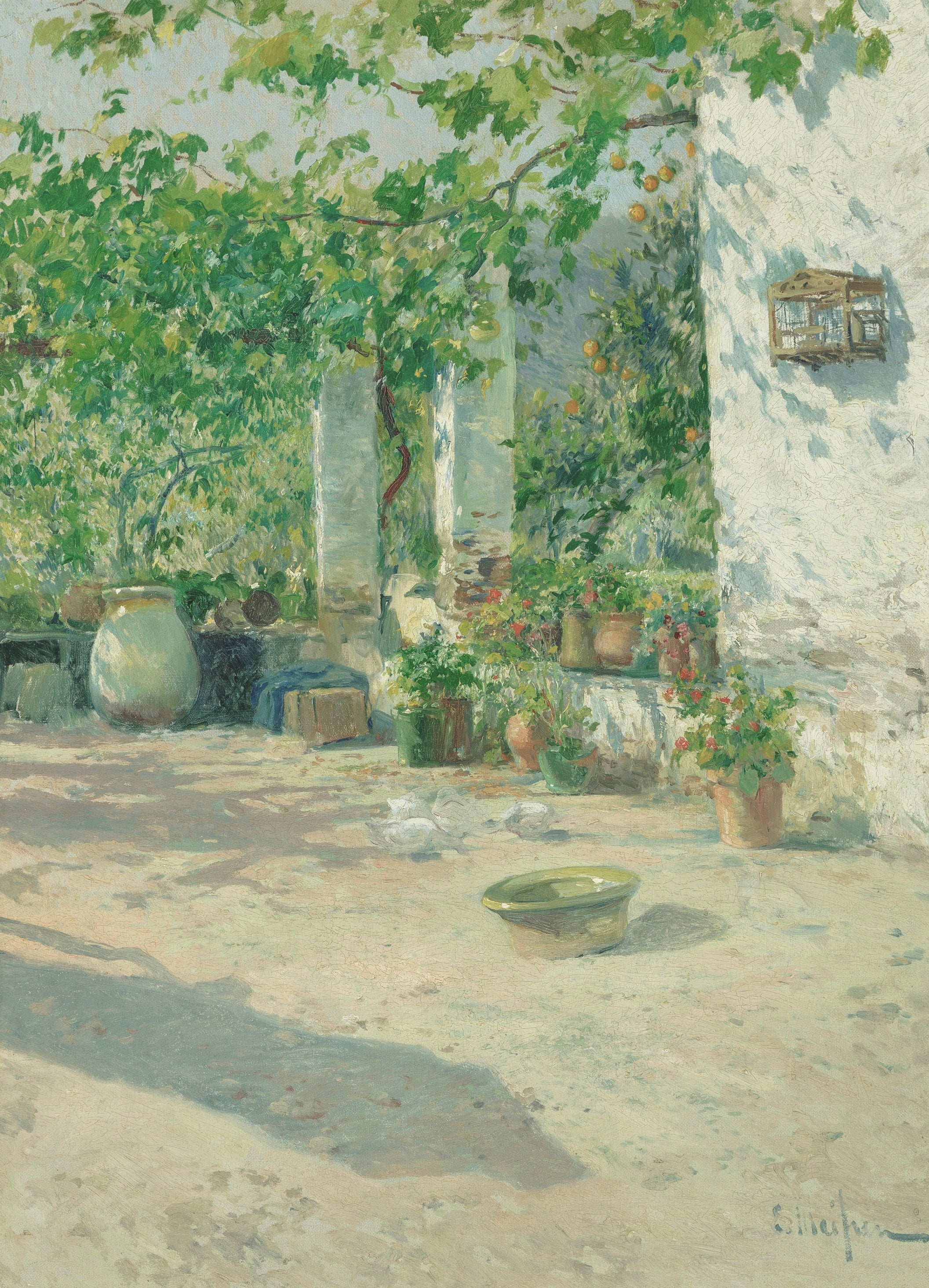Vinyl Decal, Sunny Courtyard Garden Wall Art Print, Impressionist Style Landscape Decor, Vibrant Gre