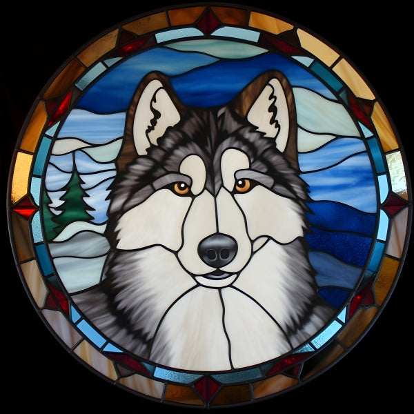 Vinyl Decal Round Stained Glass Husky Dog Suncatcher Window Panel Art, Winter Forest Cabin Decor, Un
