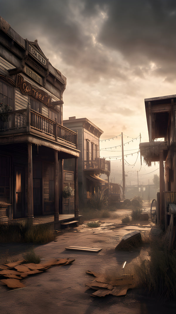 Vinyl Decal, Rustic Old West Town Street Scene at Dusk with Wooden Buildings and Dirt Road (5" x 7")
