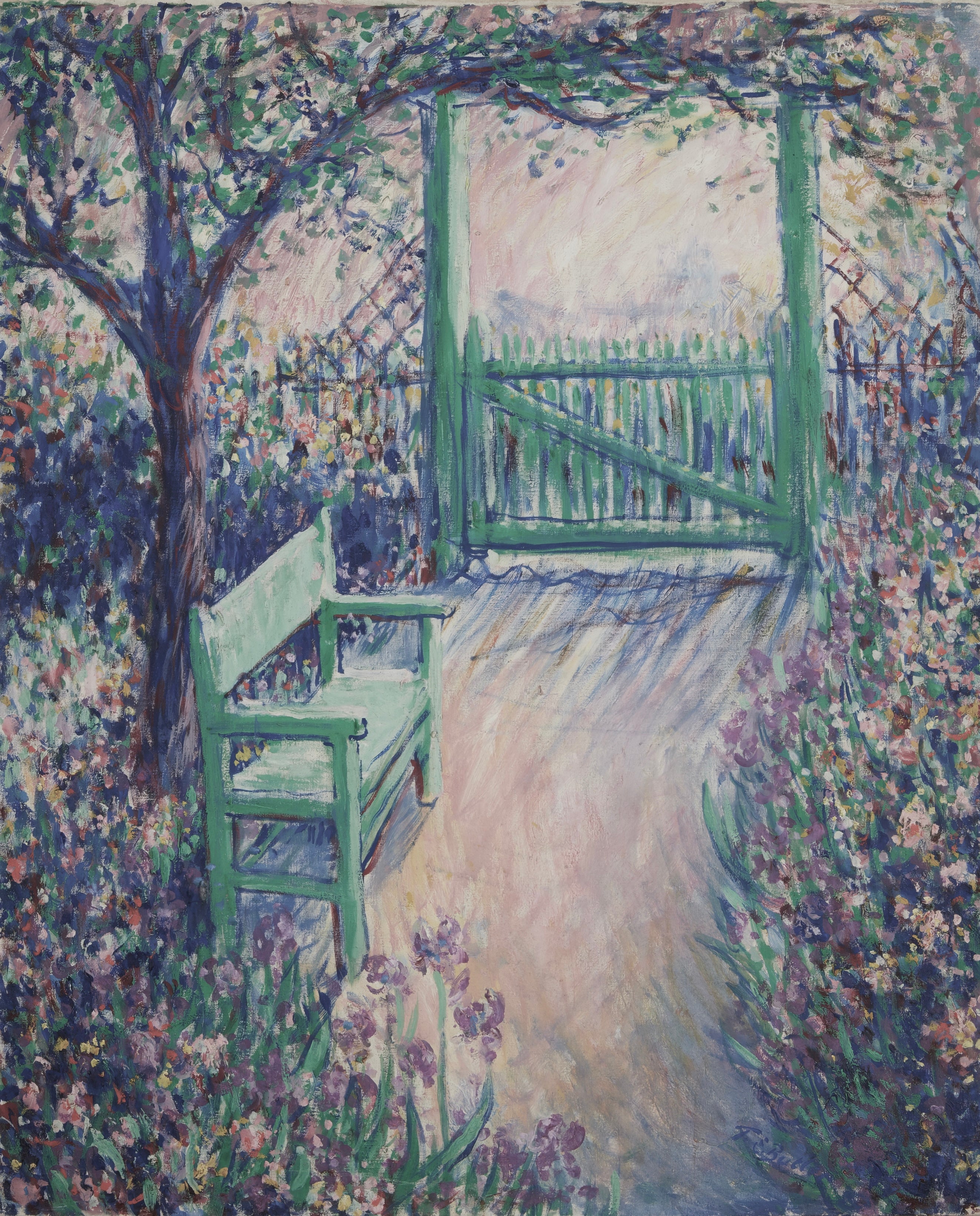 Vinyl Decal, Garden Art Print, Green Bench Pathway Wall Decor, Floral Landscape Painting, Ready to H