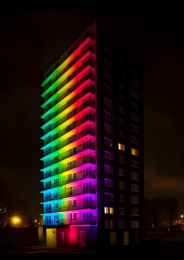 Vinyl Decal, Vibrant Rainbow Illuminated High-Rise Apartment Building Exterior Night View Photograph