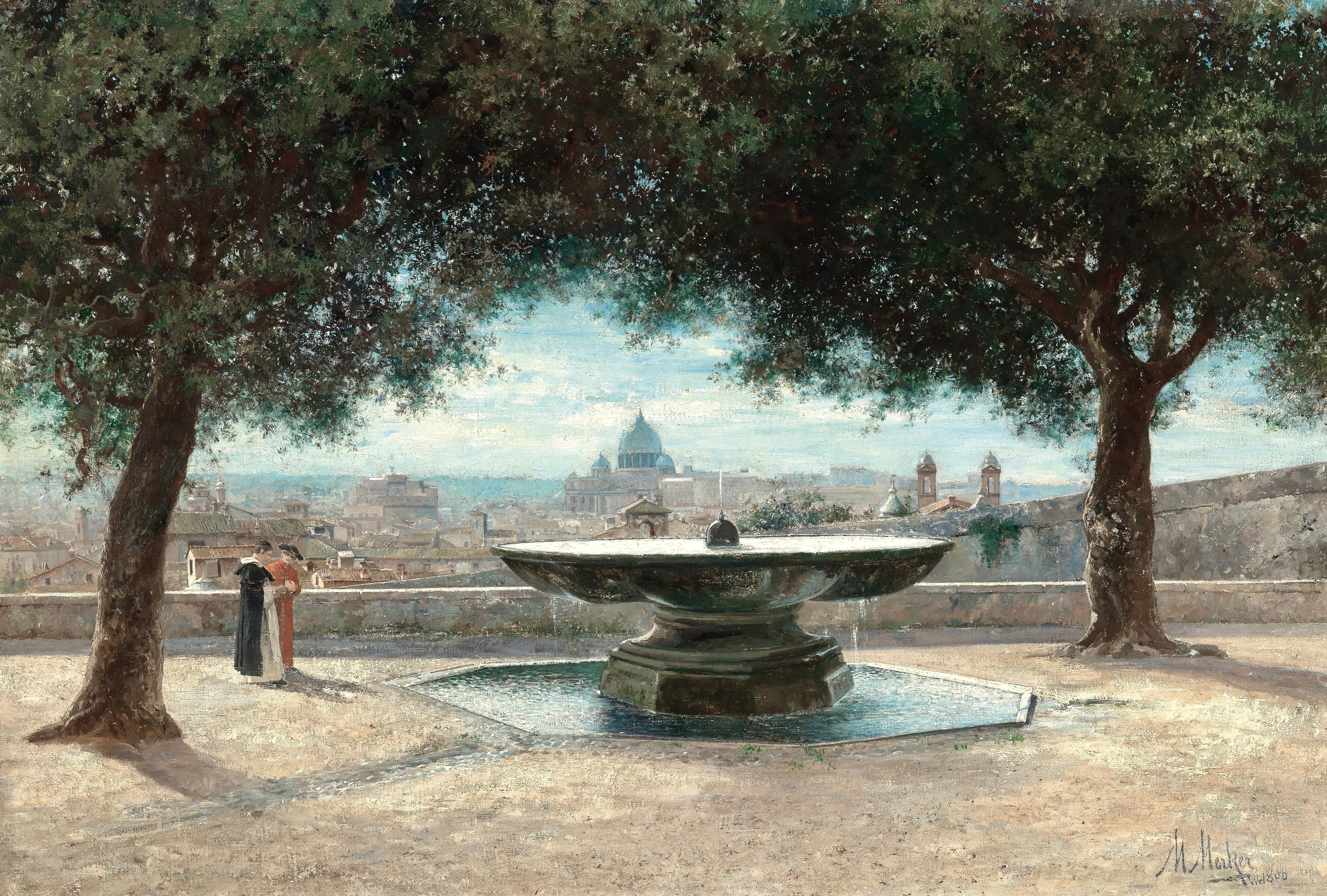 Vinyl Decal, Rome Cityscape Art Print, European Villa Fountain View, Classic Landscape Wall Decor, H
