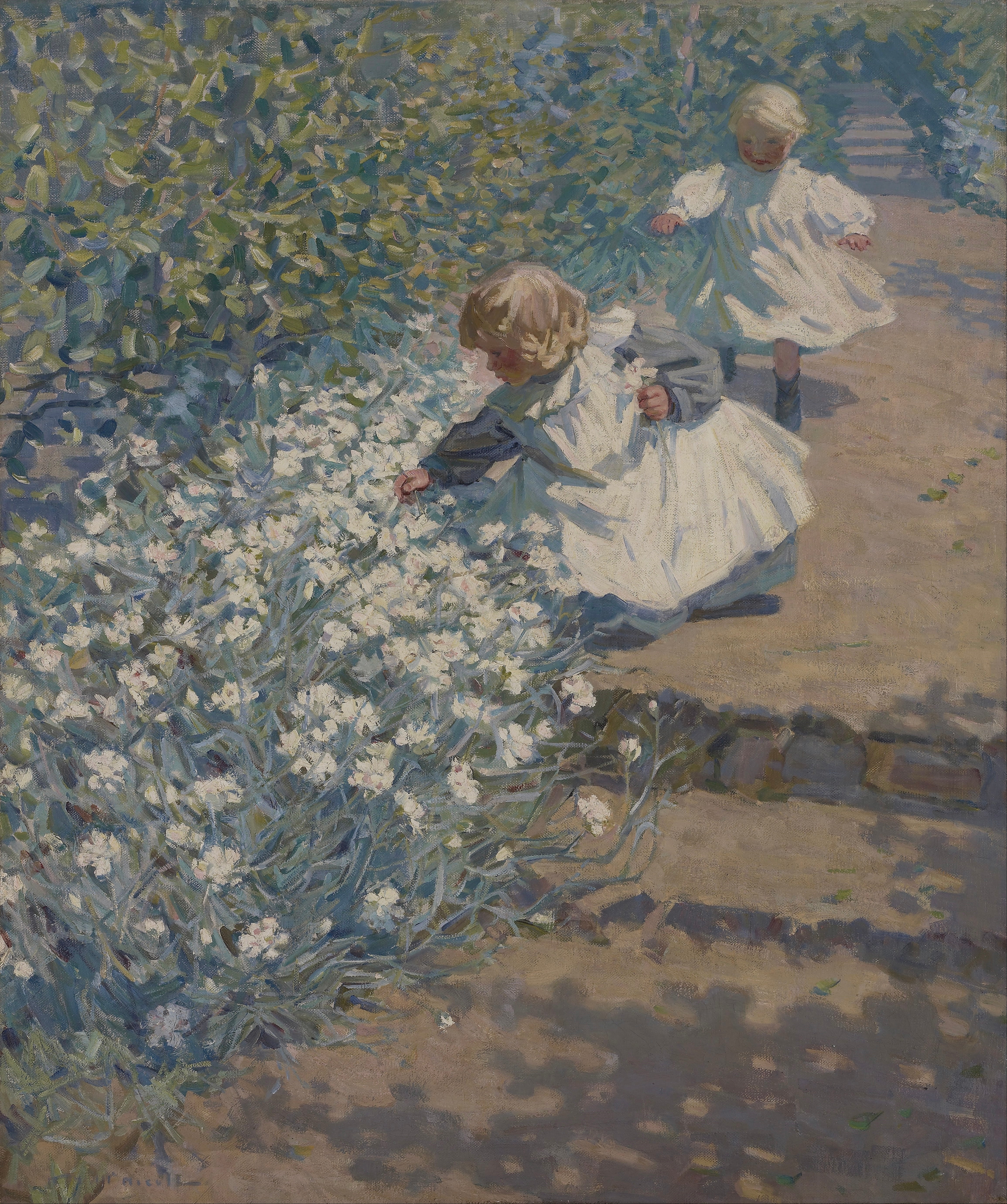 Vinyl Decal, Painting Print, Two Children in Garden Picking White Flowers, Classic Wall Art Decor (5