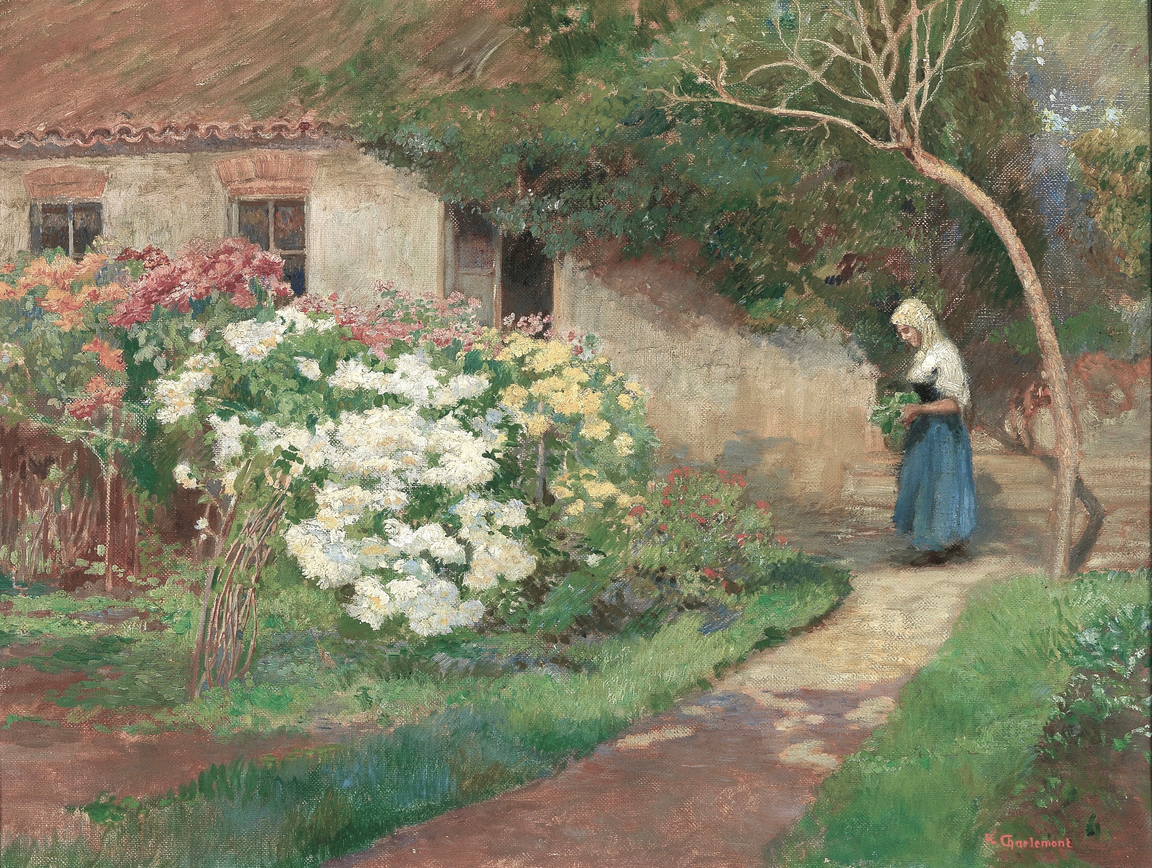 Vinyl Decal, Charming Cottage Garden Wall Art, Impressionist Floral Landscape Print, Vintage Farmhou
