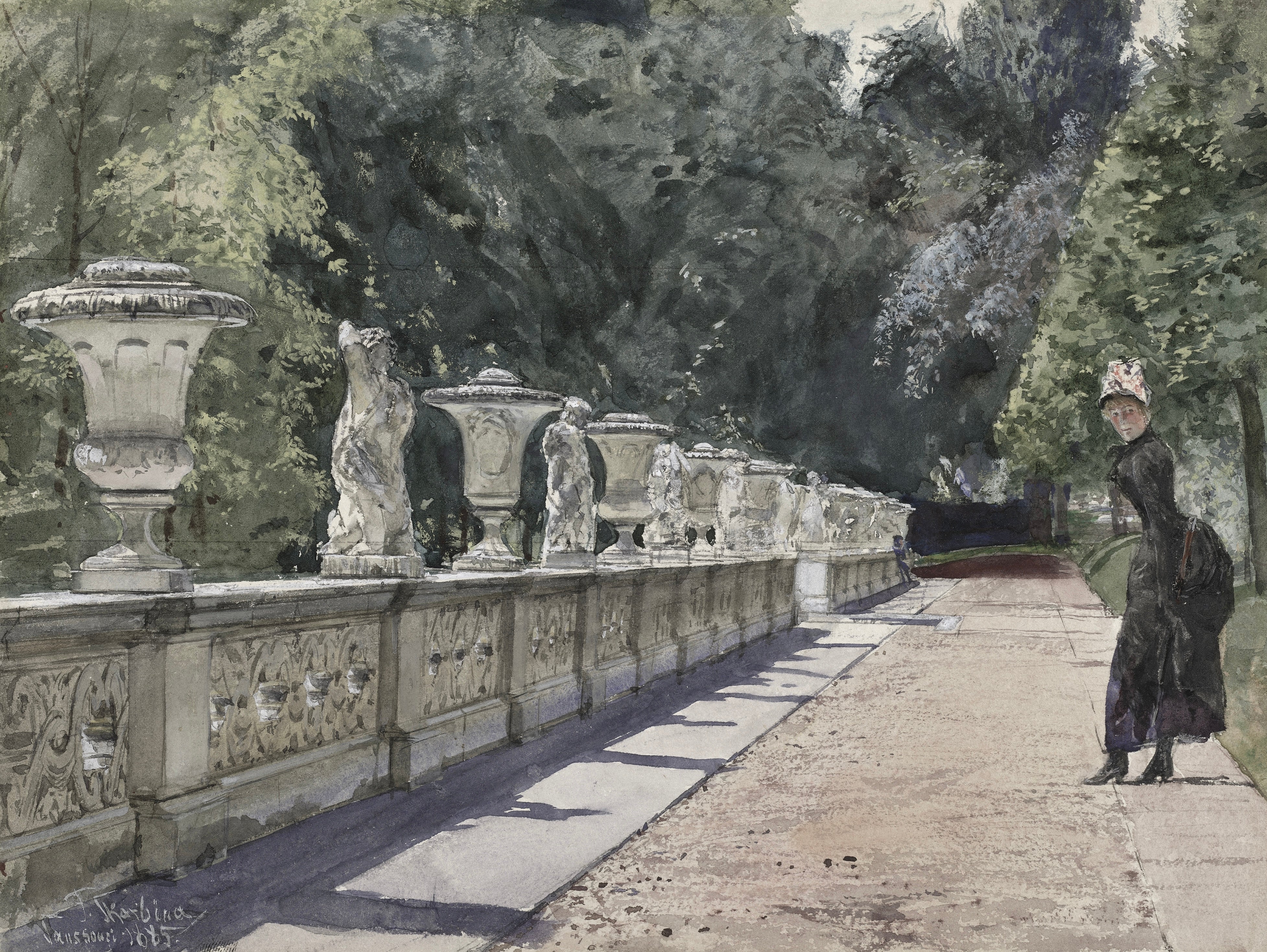 Vinyl Decal, Watercolor Painting Print Classic art featuring decorative urns, trees, and a pathway, 