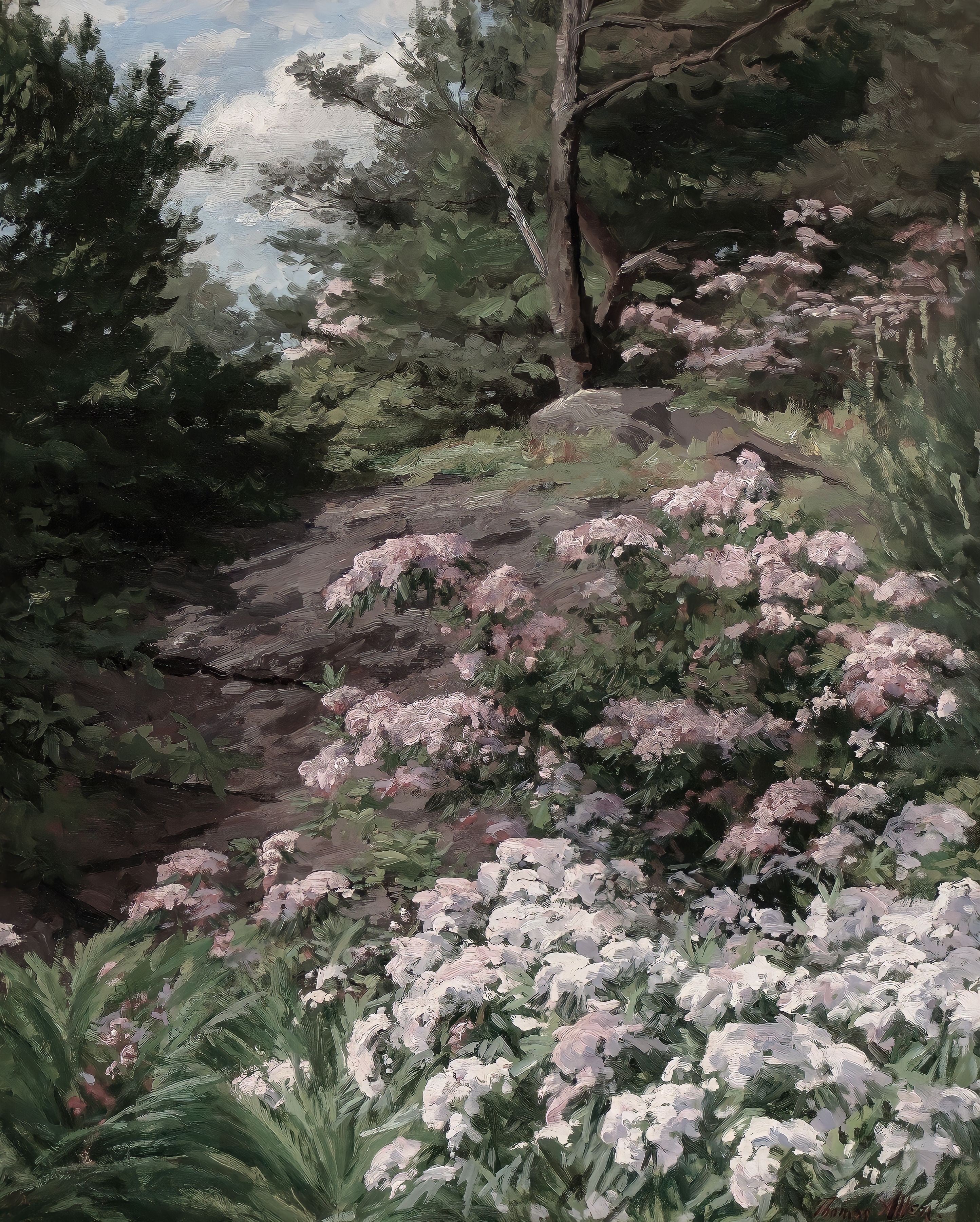 Vinyl Decal, Pink White Floral Canvas Wall Art, Nature Scene Oil Painting Print, Ready Hang Home Dec