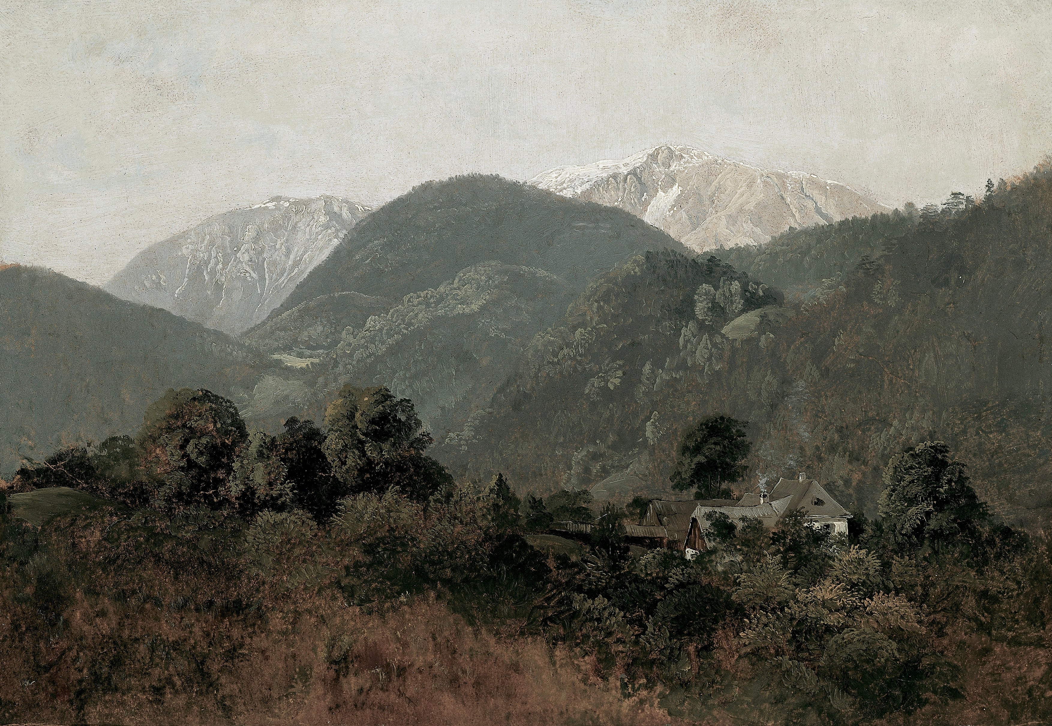 Vinyl Decal, Mountain Art Print, Nature Scene Wall Decor, Classic Valley House Painting Reproduction