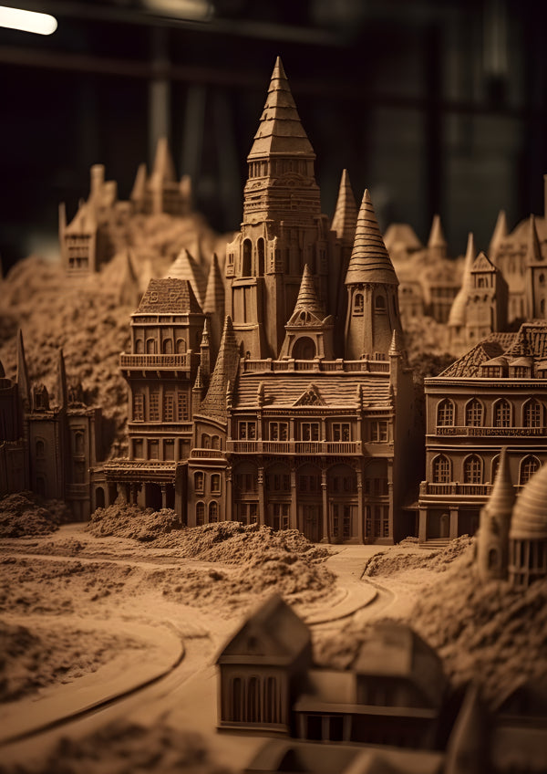Vinyl Decal, Elaborate Miniature Sandcastle City Sculpture with Detailed Buildings and Towers (5" x 
