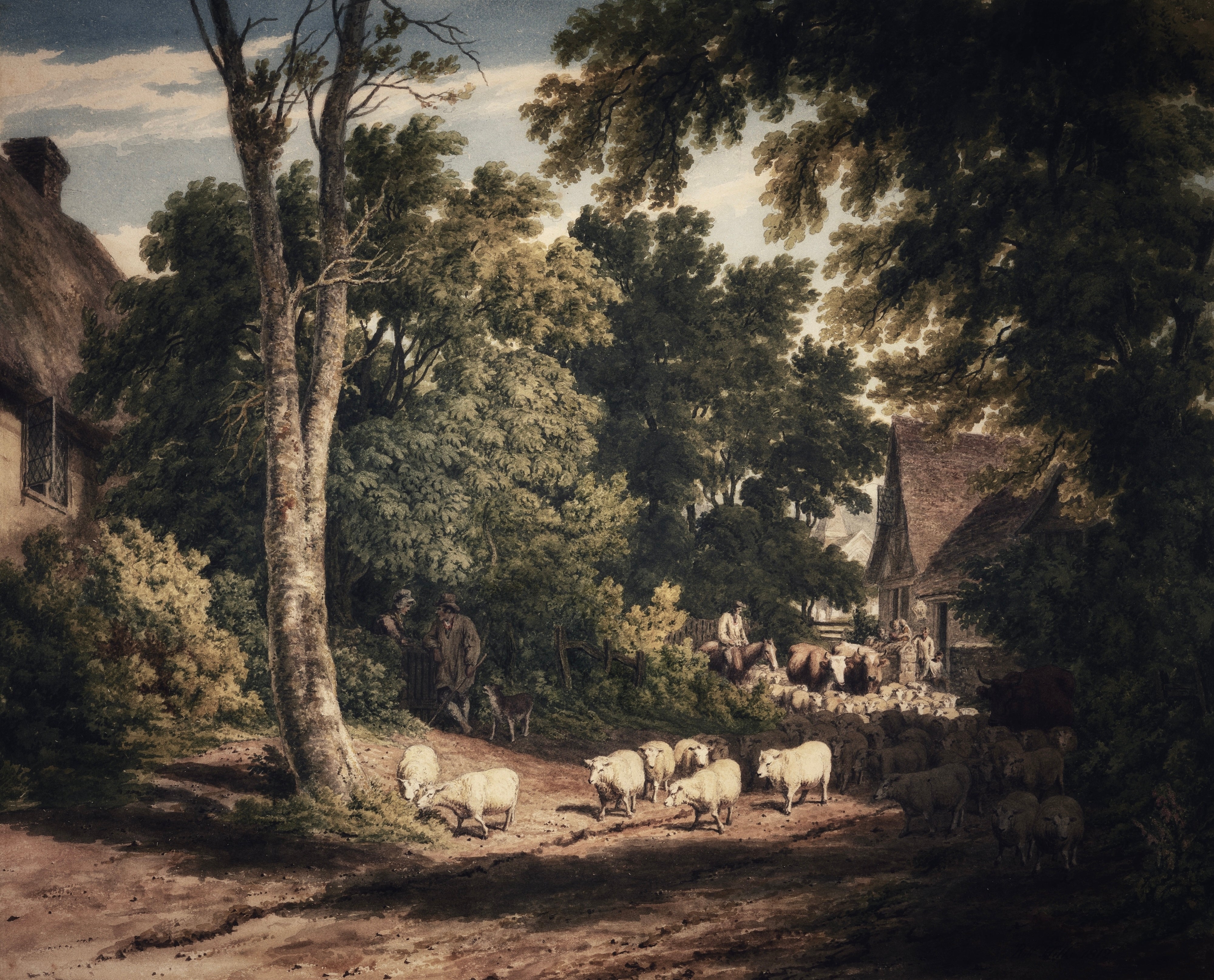 Vinyl Decal, Countryside Farmhouse Wall Art Decor, Rustic Sheep Landscape Painting Print, Antique Ru
