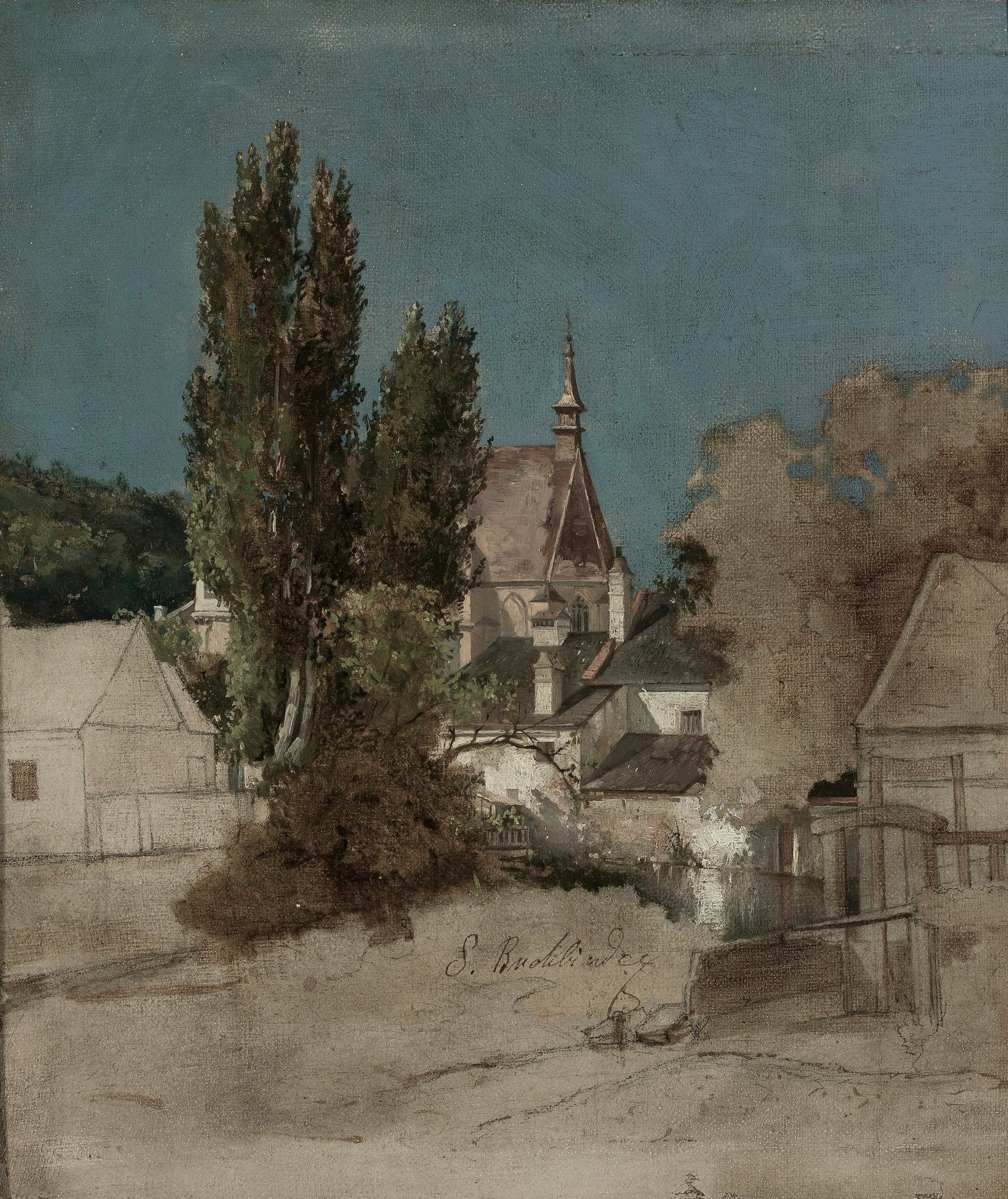 Vinyl Decal, European Village Landscape Painting Print Rustic Wall Art Home Decor (5" x 7")