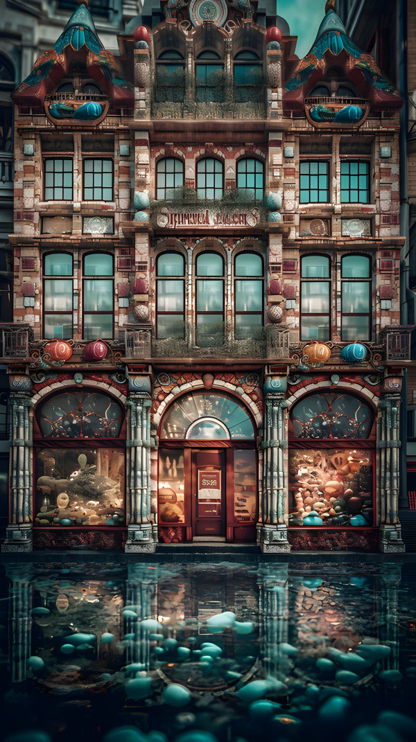 Vinyl Decal, Ornate European Storefront Building Reflected in Water Fantasy Art Print (5" x 7")