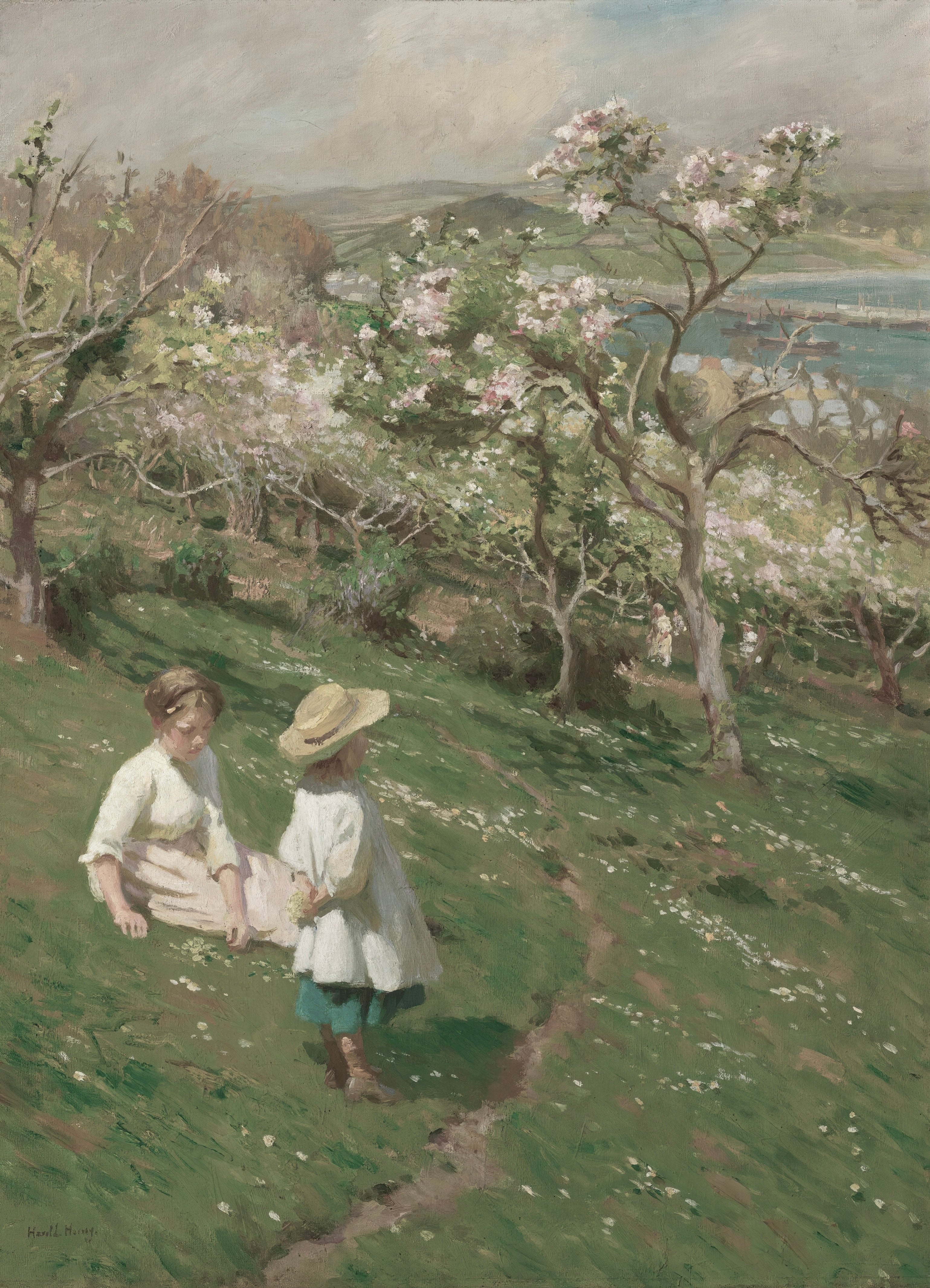 Vinyl Decal, Spring Orchard Scene Art Print, Two Figures Landscape Painting Reproduction, Green Mead