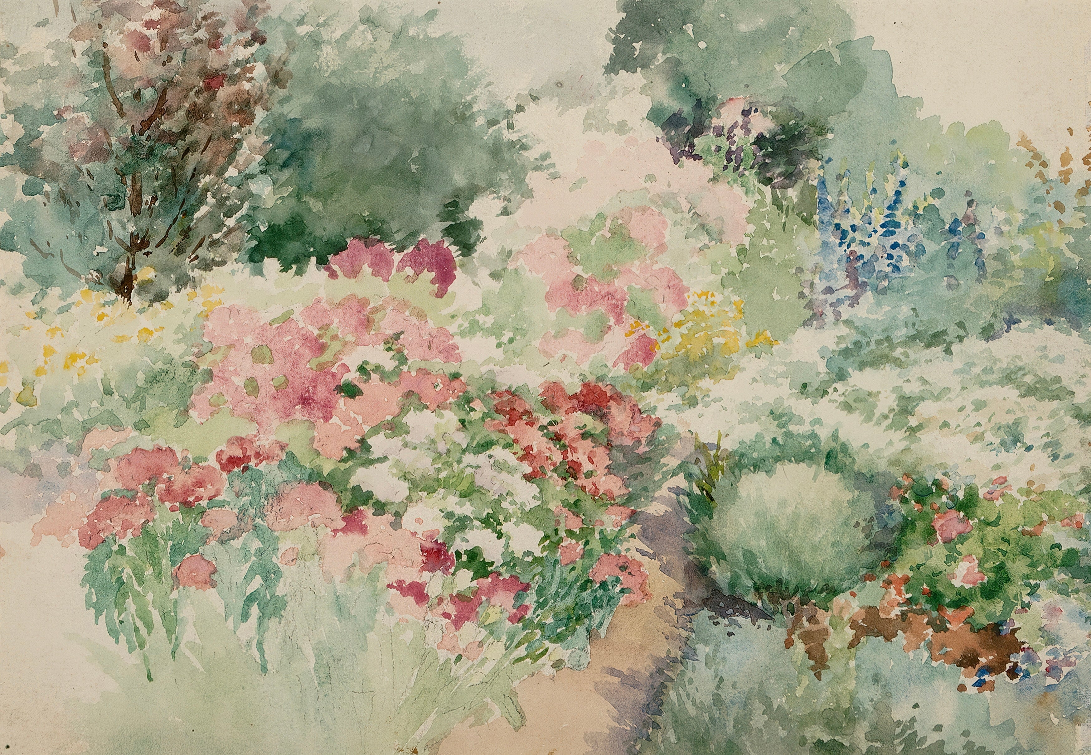 Vinyl Decal, Vintage French Country Cottage Garden Spring Floral Landscape Watercolor Art Print Wall