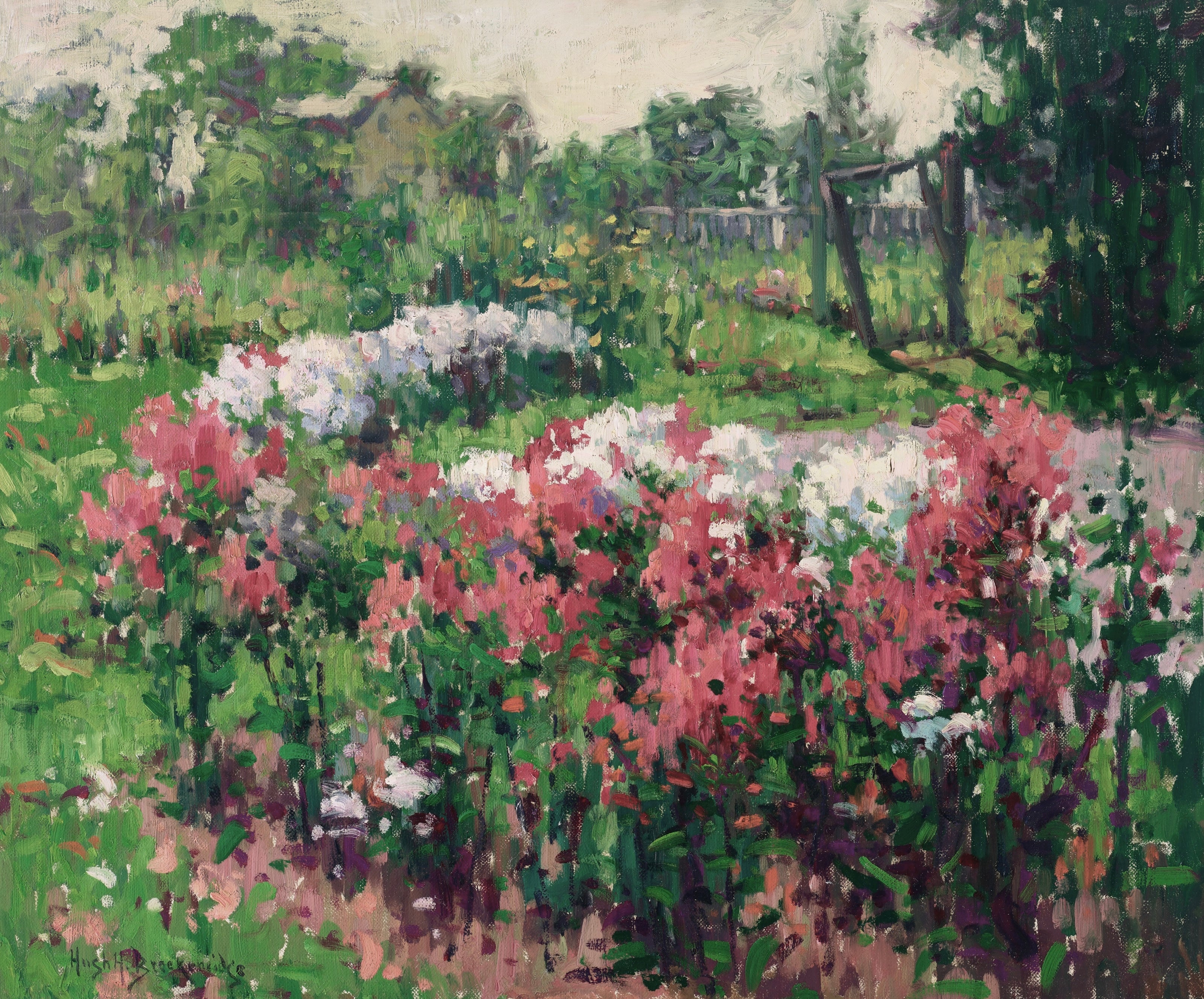 Vinyl Decal, Vibrant Impressionist Garden Floral Canvas Print Wall Art, Pink and White Flowers Natur