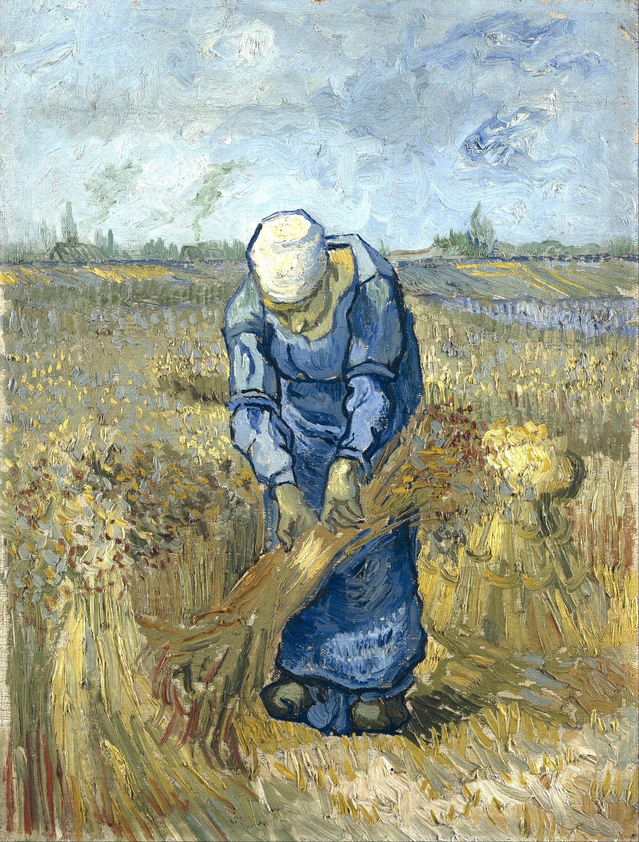 Vinyl Decal, Vintage Farmhouse Oil Painting Print, Rustic Peasant Woman Harvesting Wheat Field Wall 