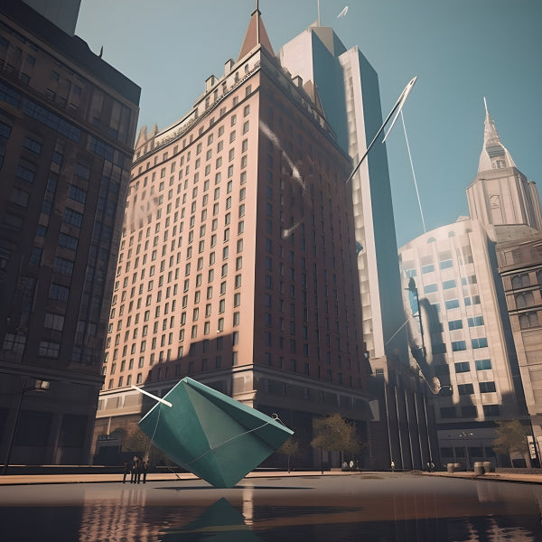 Vinyl Decal, Modern Geometric Teal Boat Sculpture Floating In City Water Plaza (5" x 7")