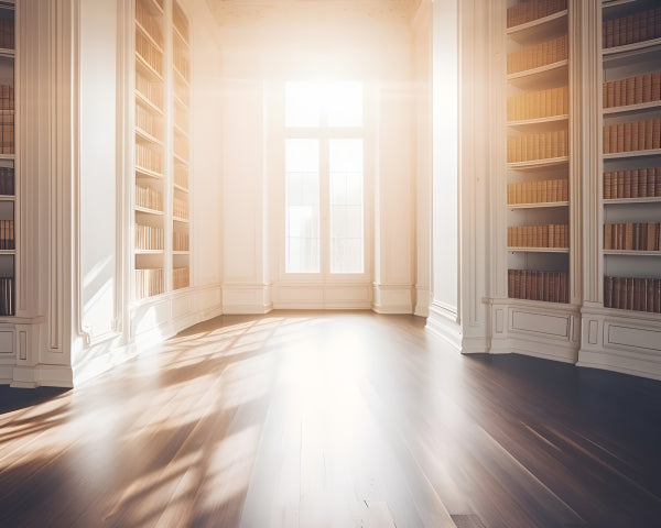 Vinyl Decal, Modern White Library Interior with Built-in Bookshelves & Wood Floor (5" x 7")