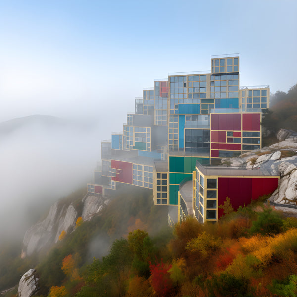 Vinyl Decal, Colorful Stacked Modular Mountain Building Architecture (5" x 7")