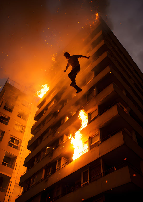 Vinyl Decal, Person Jumping From Burning High-Rise Building During Tragic Fire Emergency Evacuation 