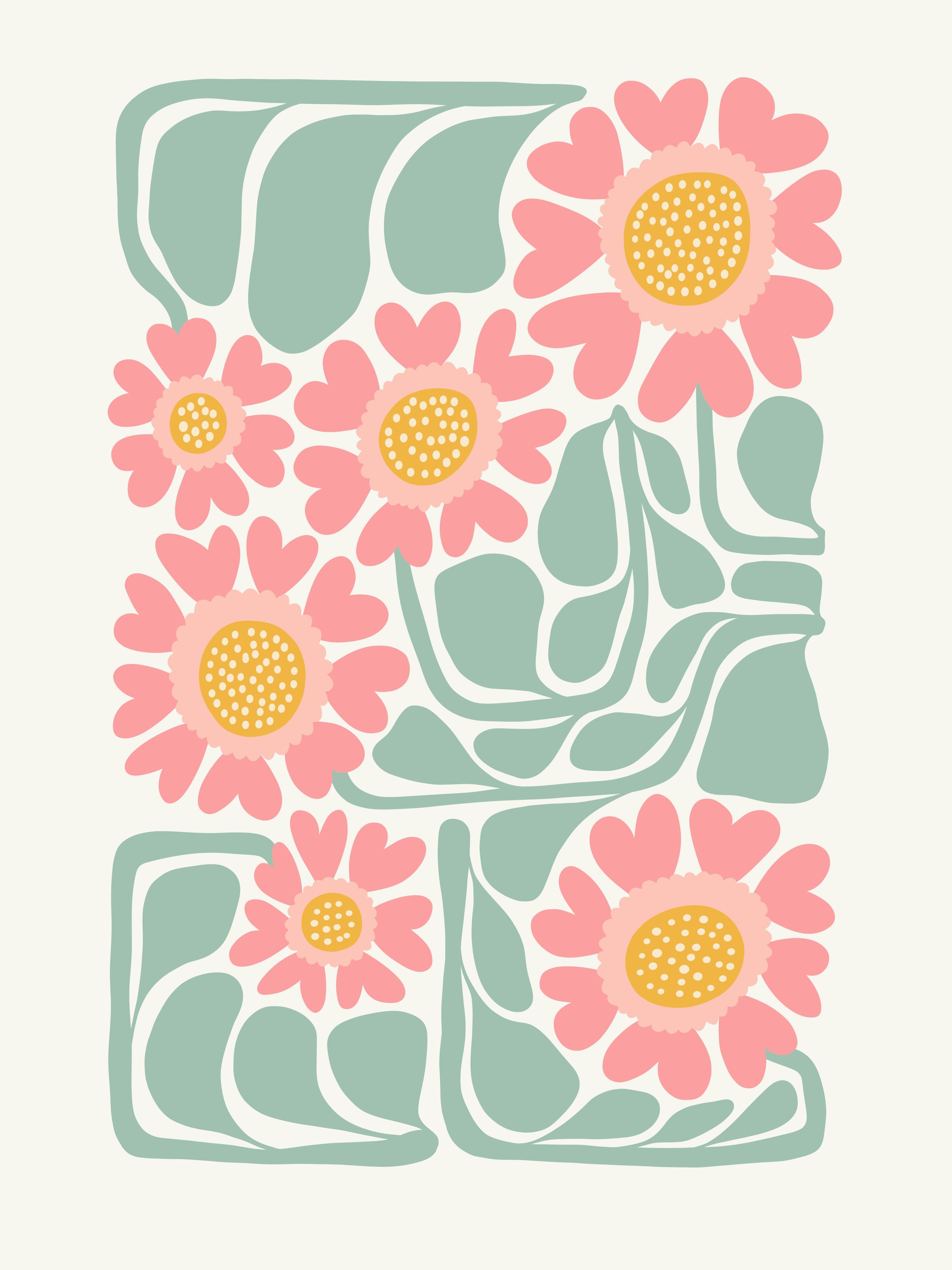 Vinyl Decal, Pink And Teal Blooms Art (5" x 7")