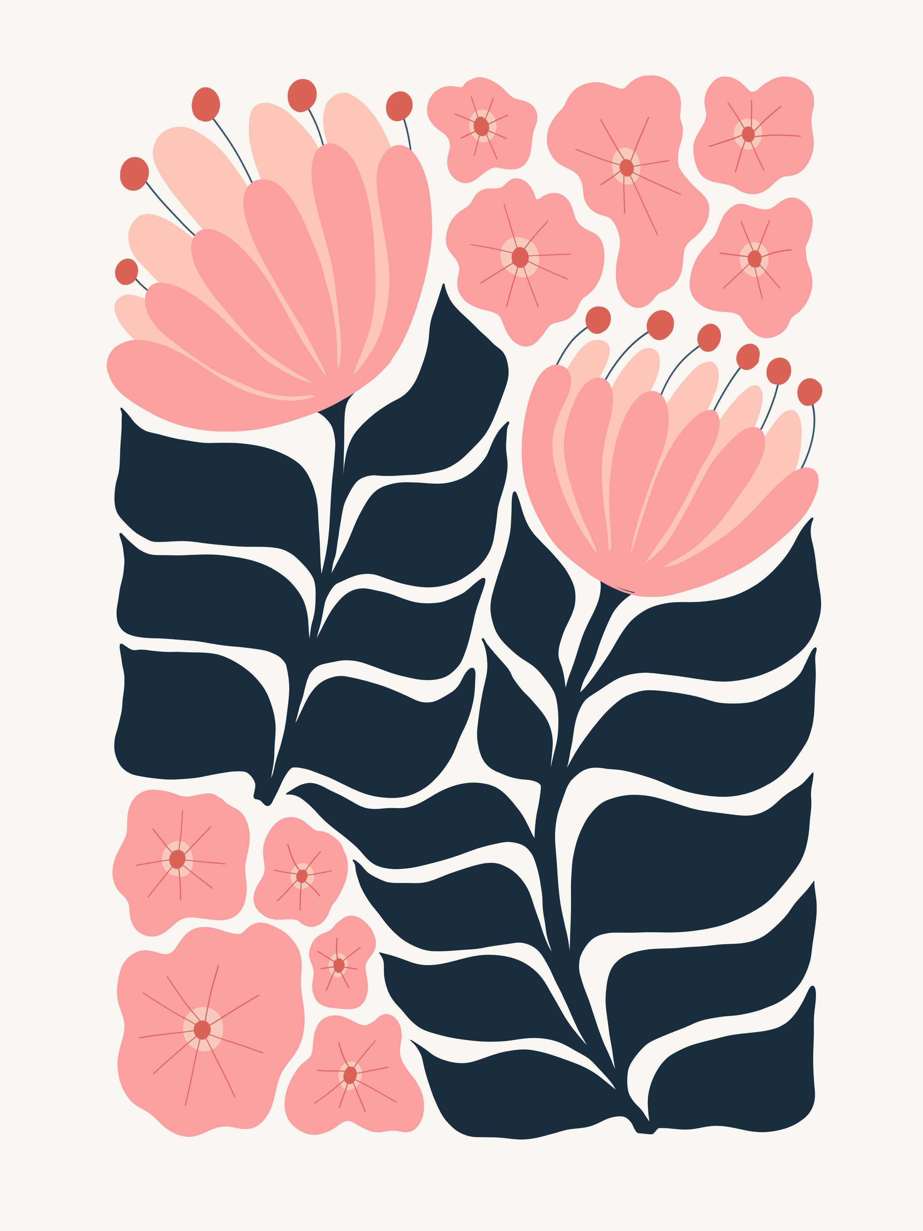 Vinyl Decal, Pink And Navy Blooms (5" x 7")