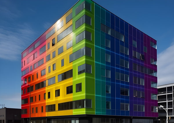 Vinyl Decal, Modern Rainbow Building Architectural Model Vibrant Colorful Facade Collectible Decor (