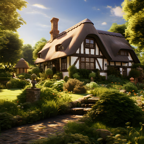 Vinyl Decal, Picturesque English Thatched Roof Cottage In Lush Green Garden With Timber Framing & Br