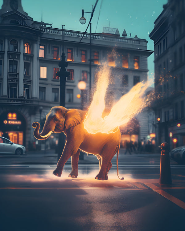 Vinyl Decal, An Elephant Ethereal Flight Through the City Streets (5" x 7")