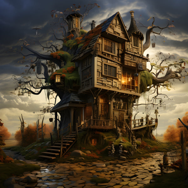 Vinyl Decal, Haunted Treehouse Cottage Illustration Spooky Fantasy Art Print (5" x 7")
