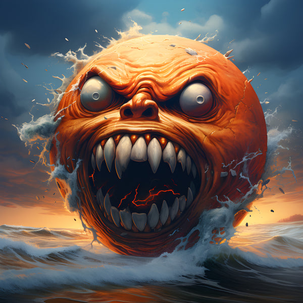 Vinyl Decal Terrifying Orange Monster Face with Sharp Teeth and White Eyes in Ocean Waves Art Print 