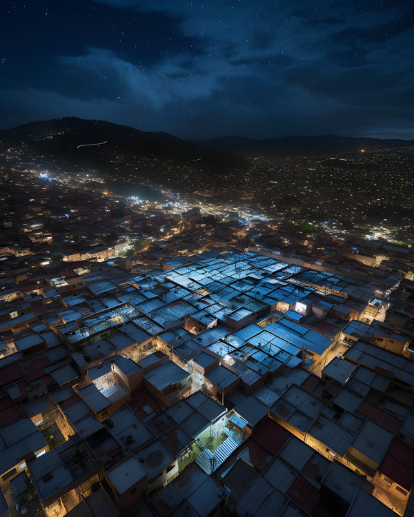 Vinyl Decal, Blue Lit Rooftops Overlooking a Sprawling Mountain Town at Night (5" x 7")