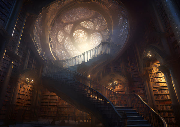 Vinyl Decal, Magical Fantasy Library Interior with Grand Spiral Staircase & Intricate Ceiling Artwor