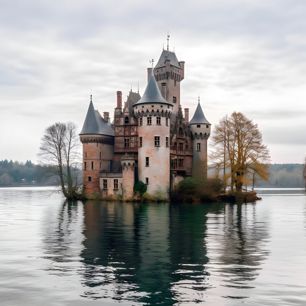 Vinyl Decal, Picturesque Castle on a Serene Lake Island (5" x 7")