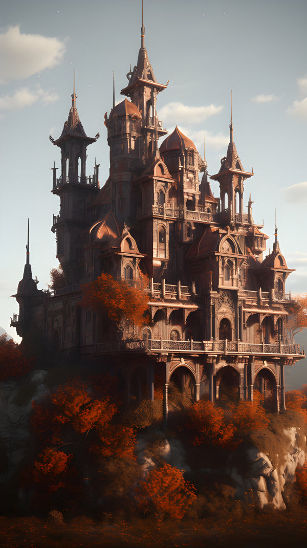 Vinyl Decal, Autumnal Spire Castle on Rocky Hill, Fantasy Architectural Art Print (5" x 7")