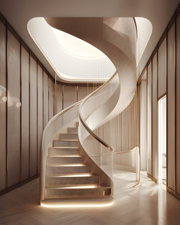 Vinyl Decal, Modern Luxury Curved Spiral Staircase with Integrated LED Lighting (5" x 7")
