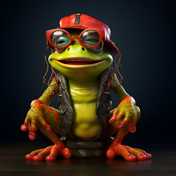 Vinyl Decal Cool Frog Figurine Collectible with Red Cap Glasses Black Vest, Unique Animal Character 