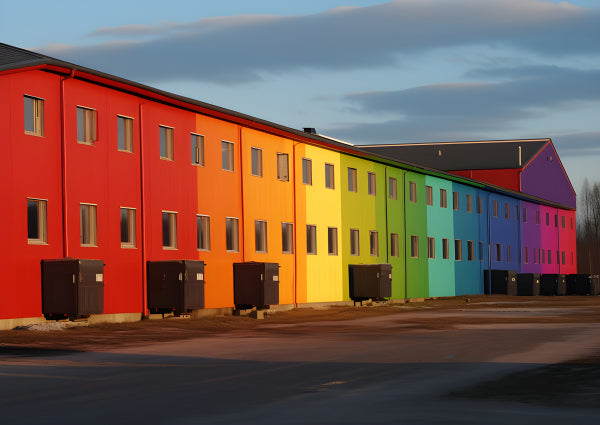 Vinyl Decal, Vibrant Rainbow Colored Building with Modern Design and Multiple Windows (5" x 7")