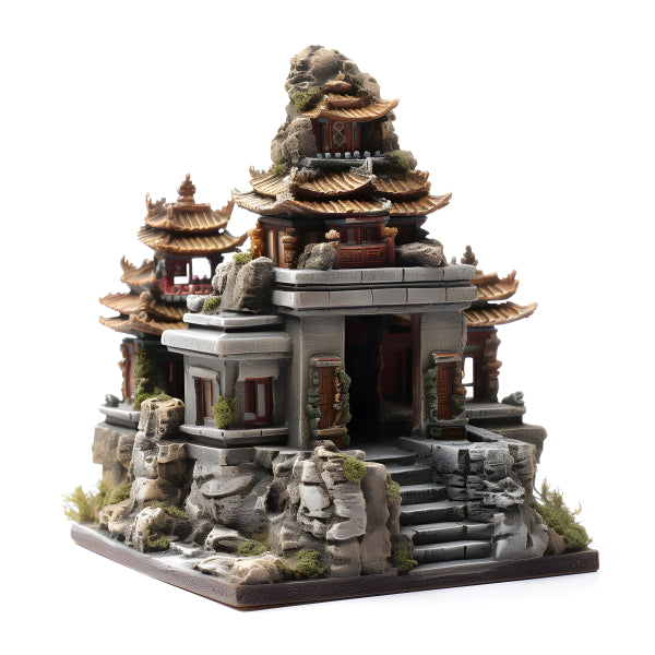 Vinyl Decal, Detailed Miniature Asian Temple Pagoda Model Decoration Grey Stone Finish Brown Roof Co